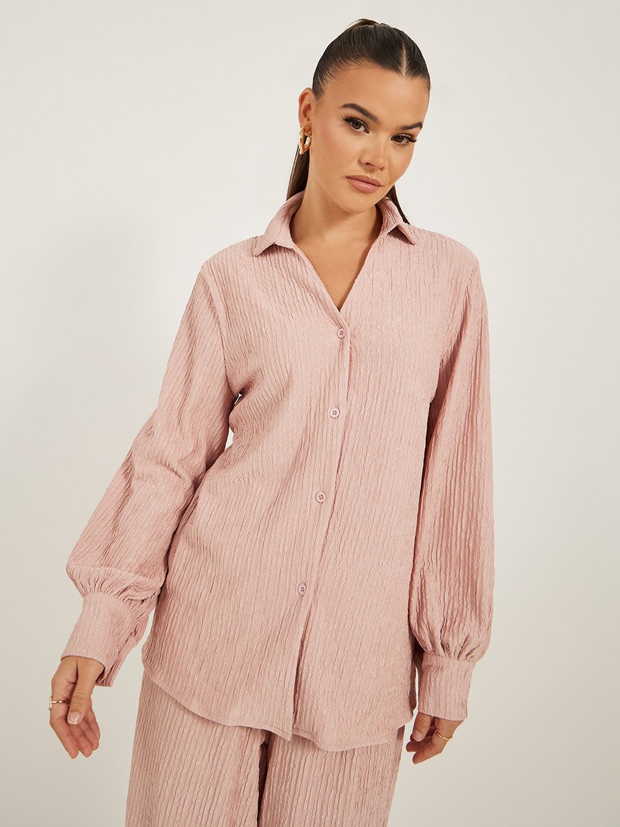 Textured Balloon Sleeve Spread Collar Shirt