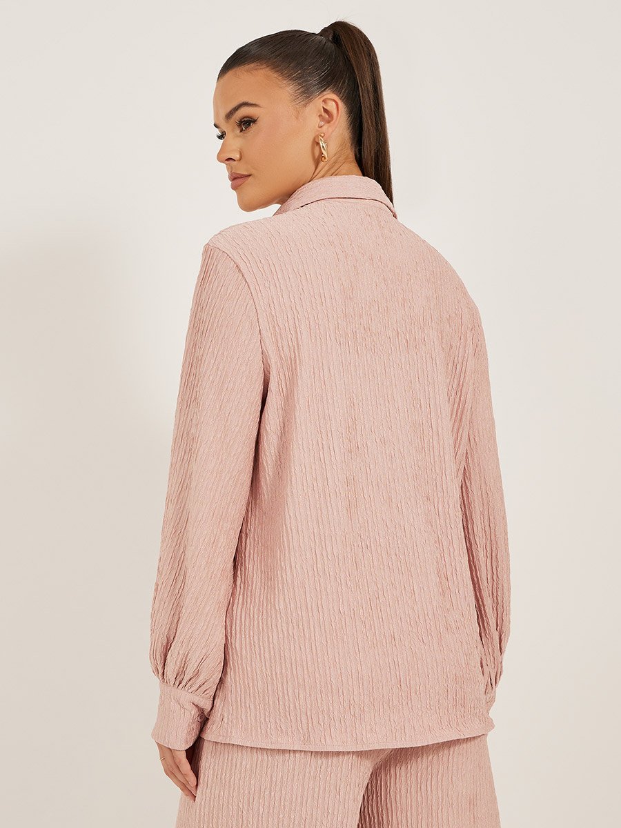 Textured Balloon Sleeve Spread Collar Shirt