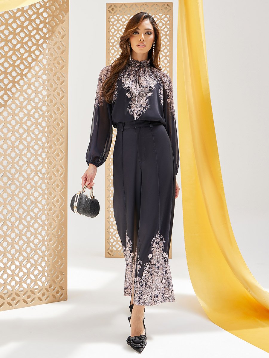 Placement Print Balloon Sleeve Blouse