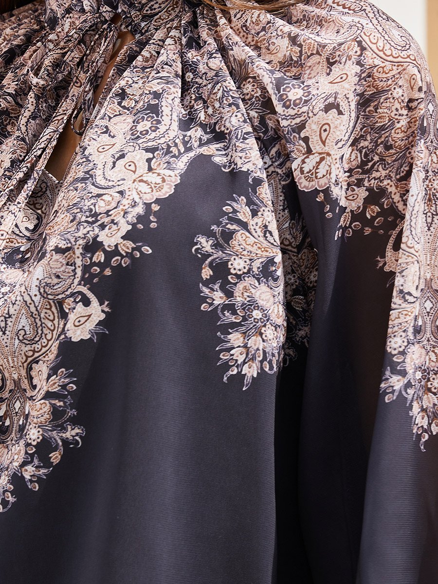 Placement Print Balloon Sleeve Blouse