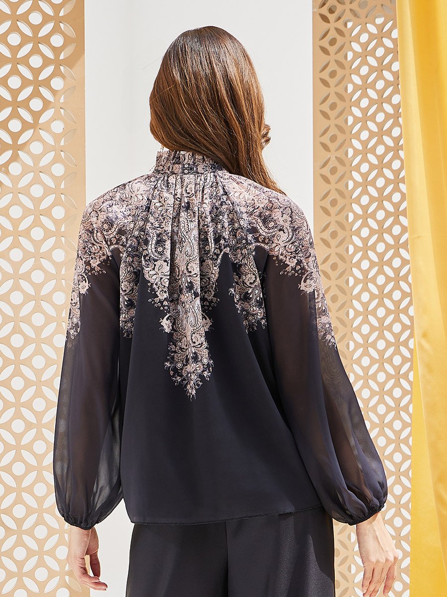 Placement Print Balloon Sleeve Blouse