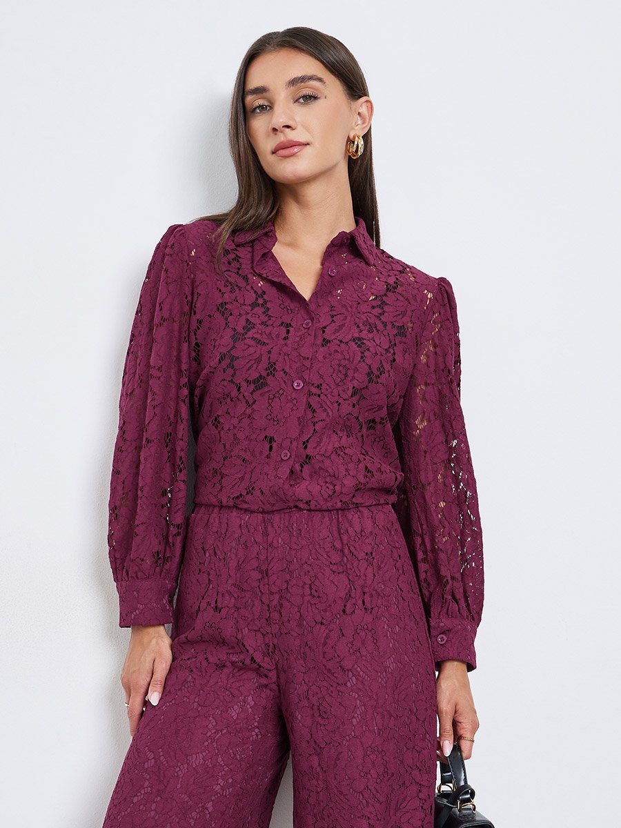 Textured Balloon Sleeve Lace Shirt
