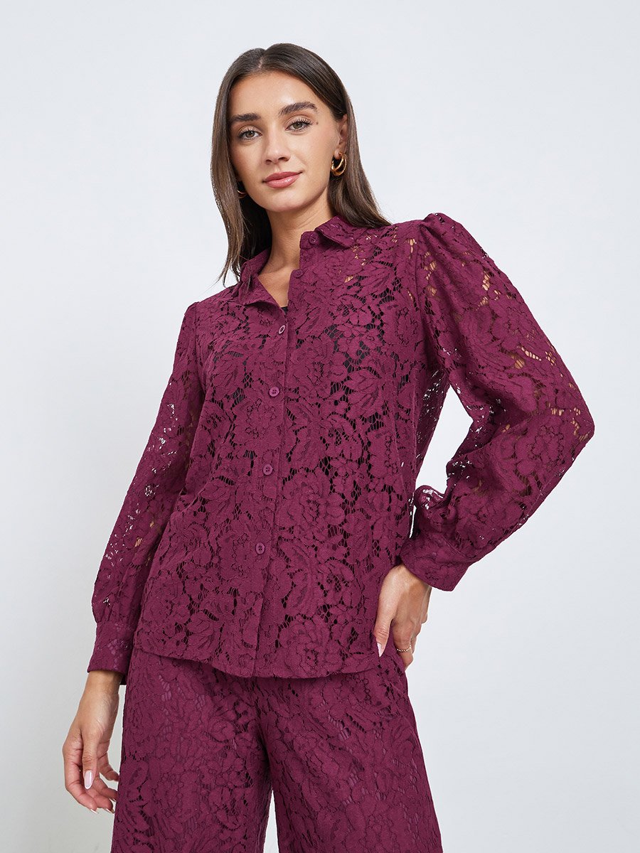 Textured Balloon Sleeve Lace Shirt