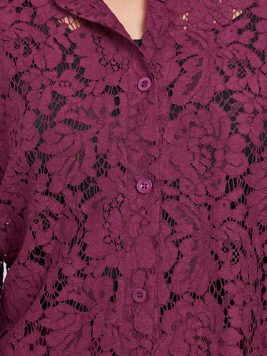Textured Balloon Sleeve Lace Shirt