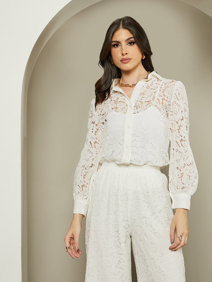 Textured Balloon Sleeve Spread Collar Lace Shirt