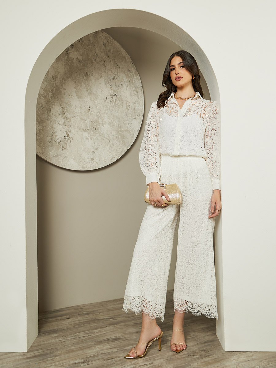 Textured Balloon Sleeve Spread Collar Lace Shirt