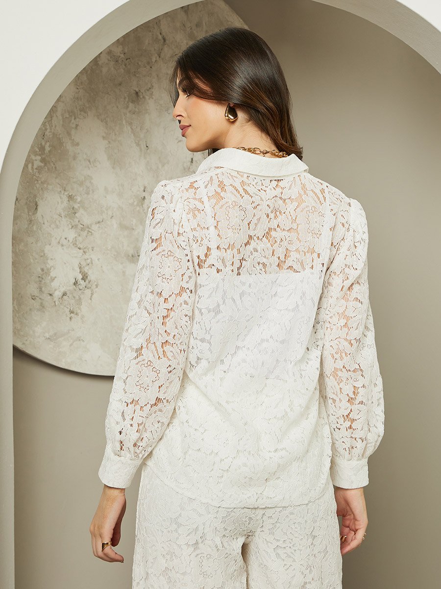 Textured Balloon Sleeve Spread Collar Lace Shirt