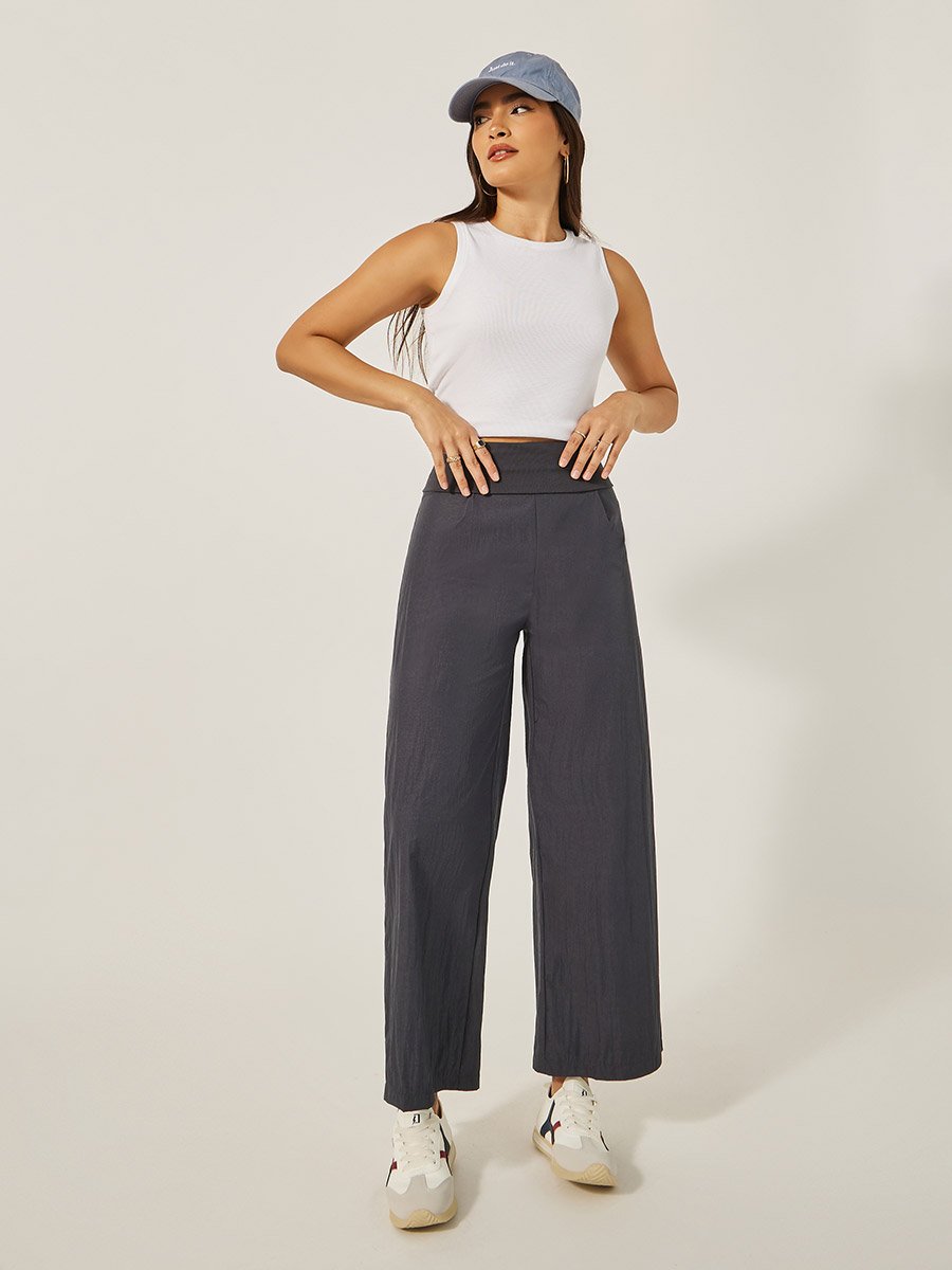 Mid Rise Wide Leg Broad Waistband Pants