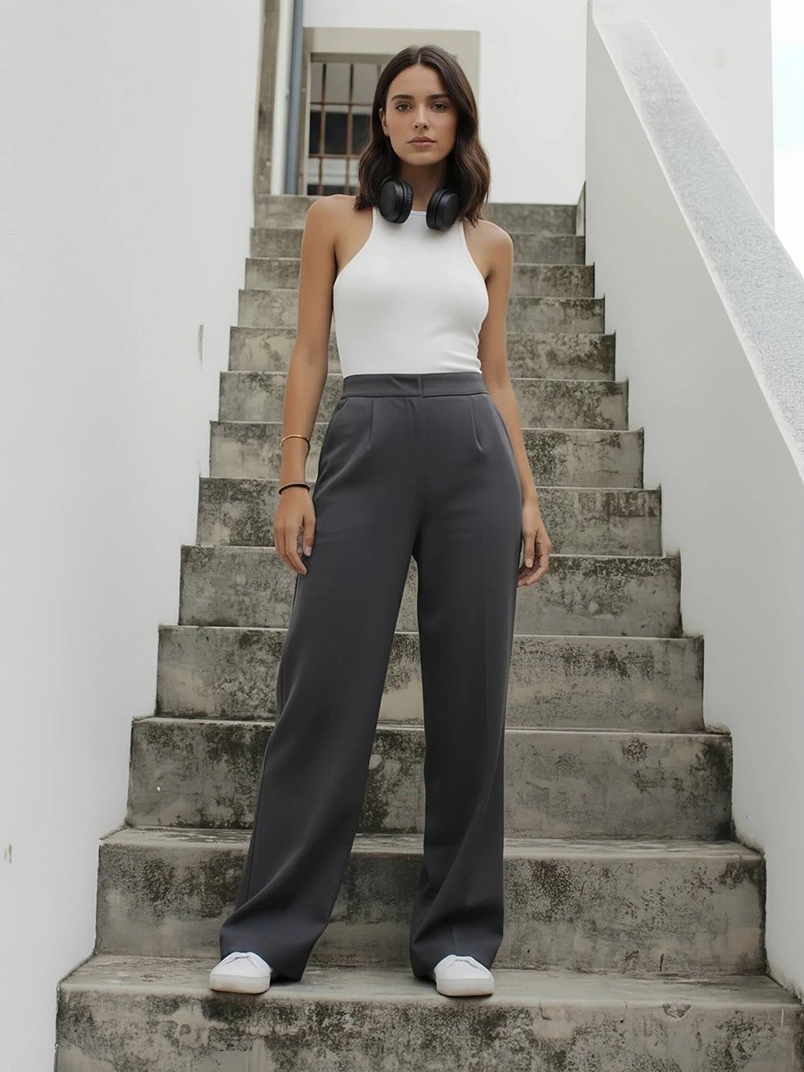 Mid Rise Wide Leg Broad Waistband Pants
