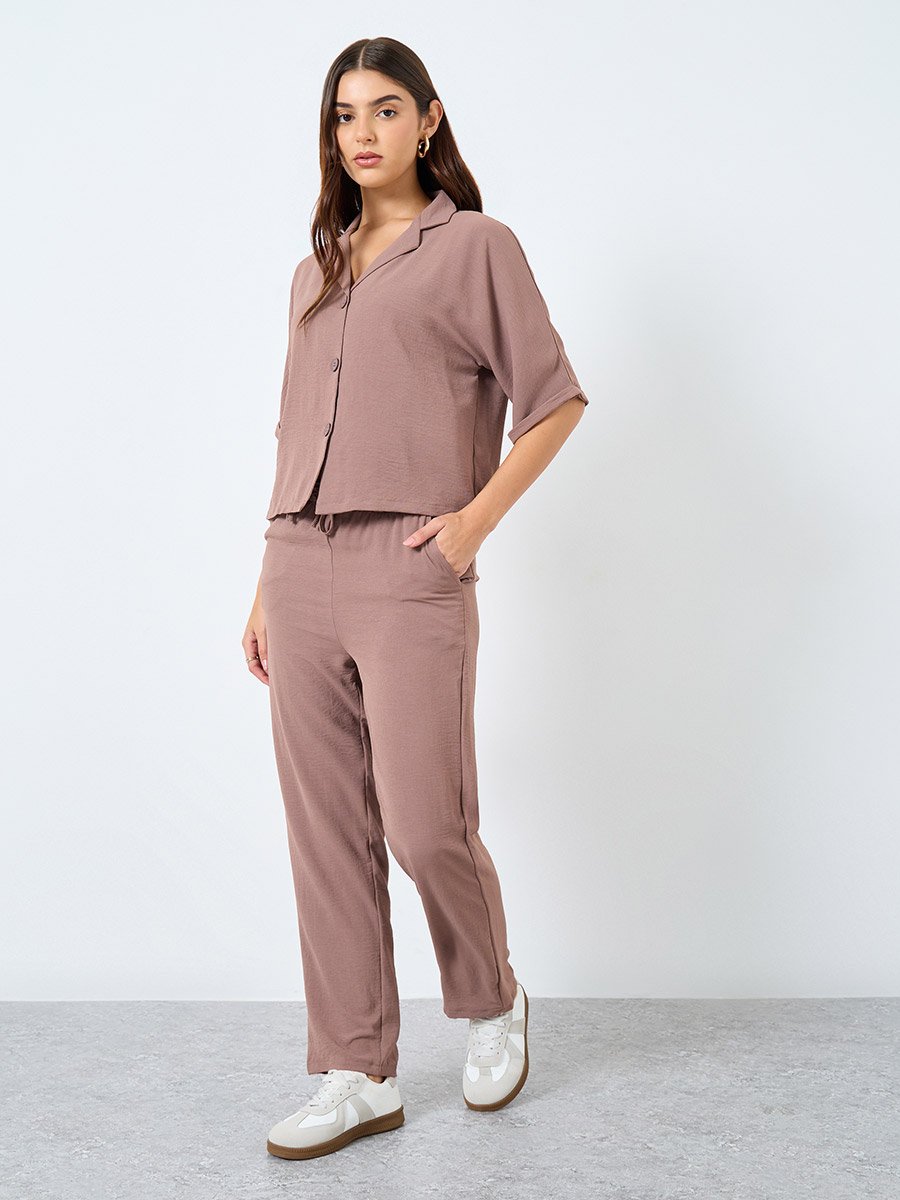 Women Brown Boxy Shirt and Straight Fit Pants Co-Ords