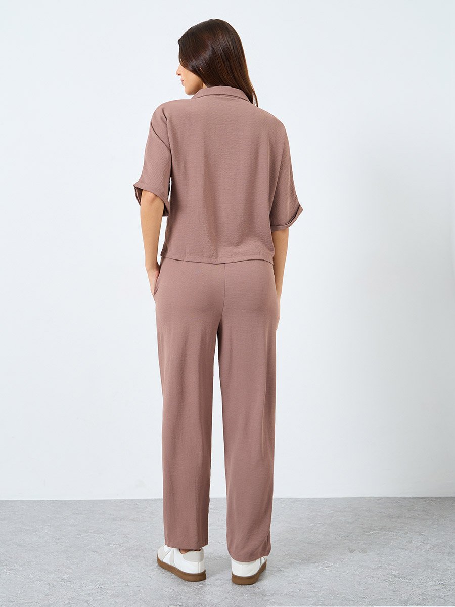 Women Brown Boxy Shirt and Straight Fit Pants Co-Ords