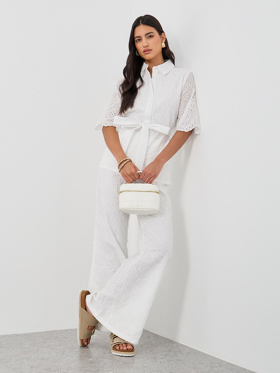 Schiffli Belted Shirt and Flared Pants Co-Ords