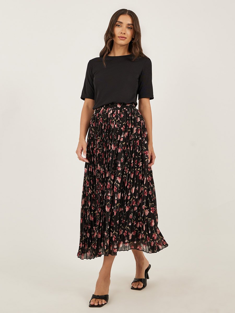 Solid Knit Top and Printed Pleated A-Line Skirt Co-Ords