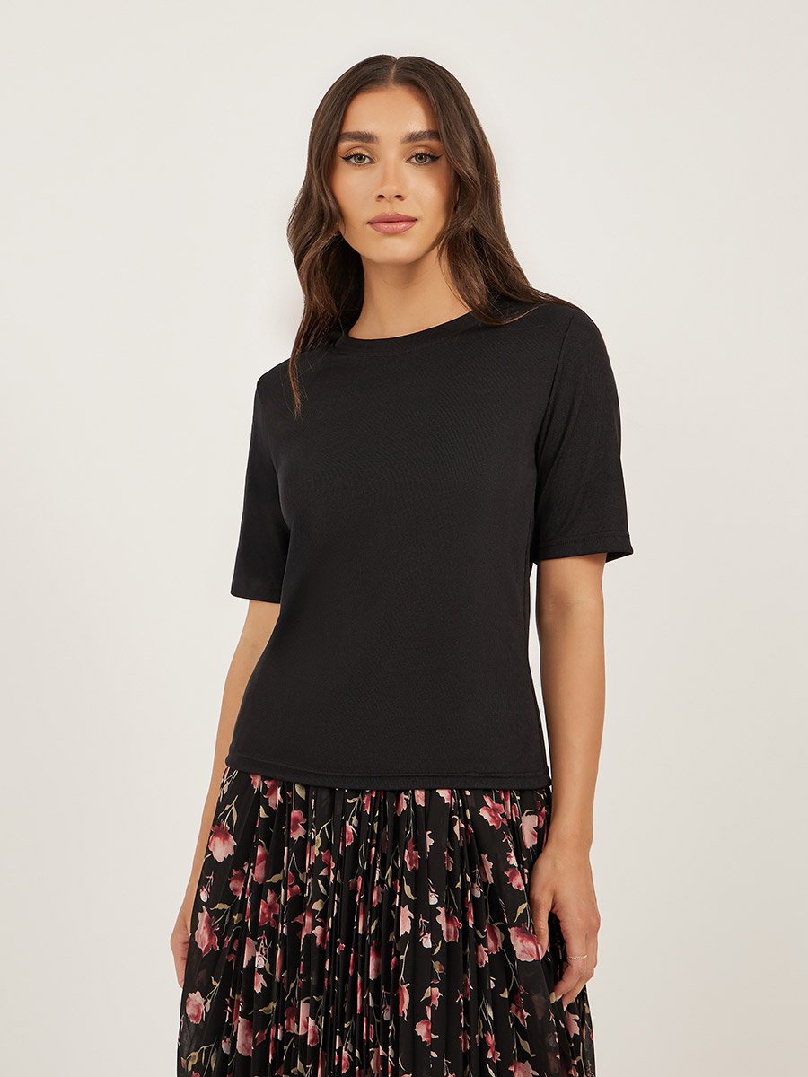 Solid Knit Top and Printed Pleated A-Line Skirt Co-Ords