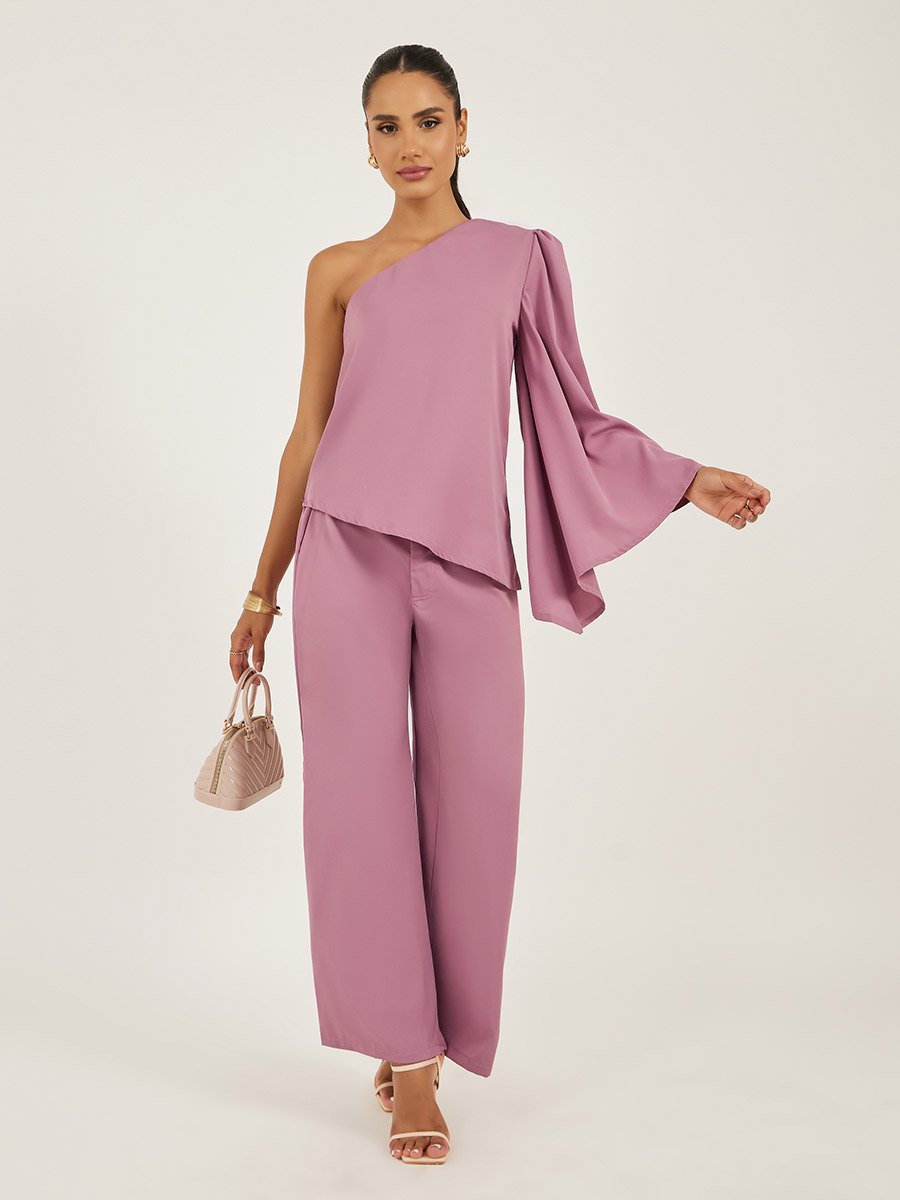 Pink One Shoulder Top and Flared Trousers Co-Ords