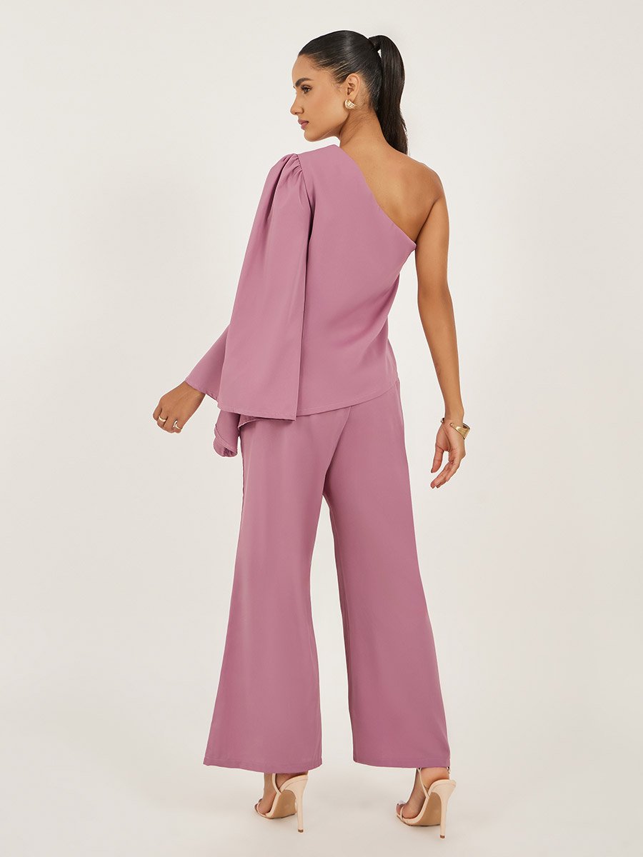 Pink One Shoulder Top and Flared Trousers Co-Ords
