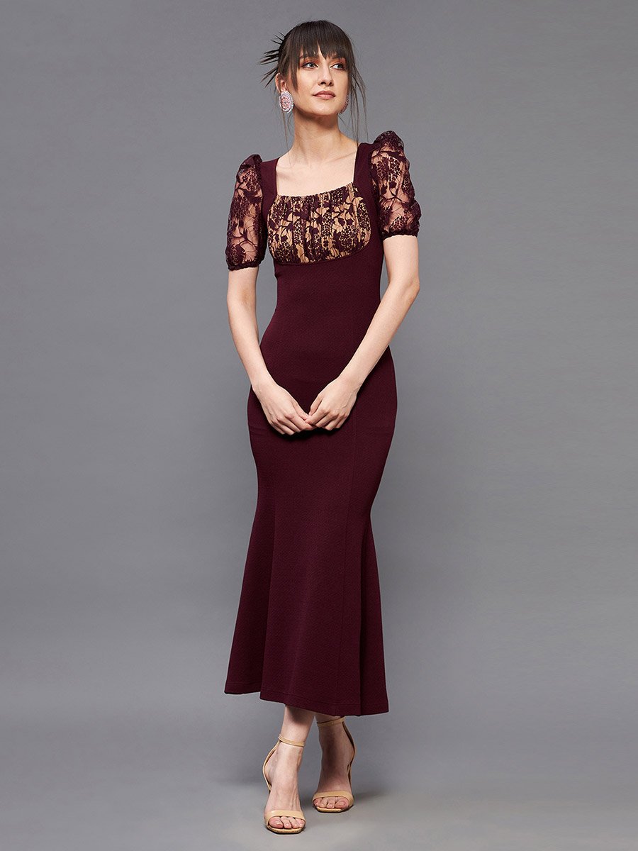 Lace Square Neck Puff Sleeve Bodycon Midi Dress