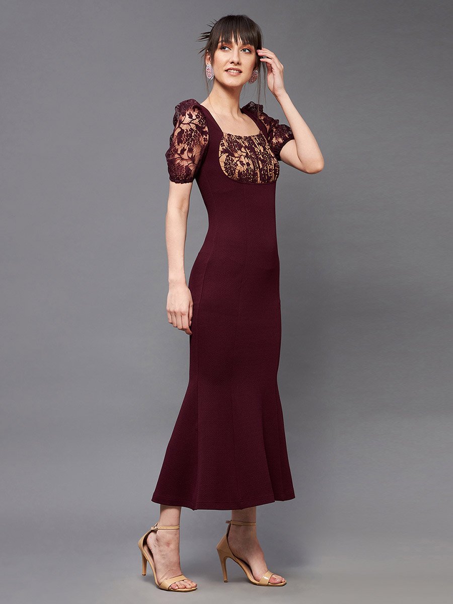 Lace Square Neck Puff Sleeve Bodycon Midi Dress