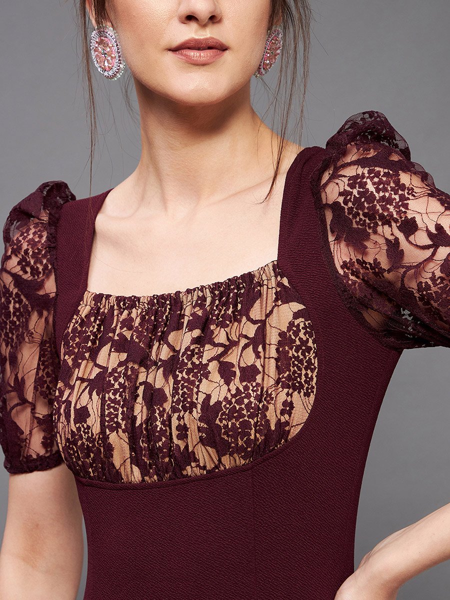 Lace Square Neck Puff Sleeve Bodycon Midi Dress