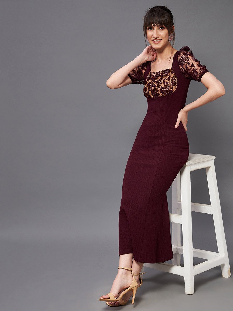 Lace Square Neck Puff Sleeve Bodycon Midi Dress