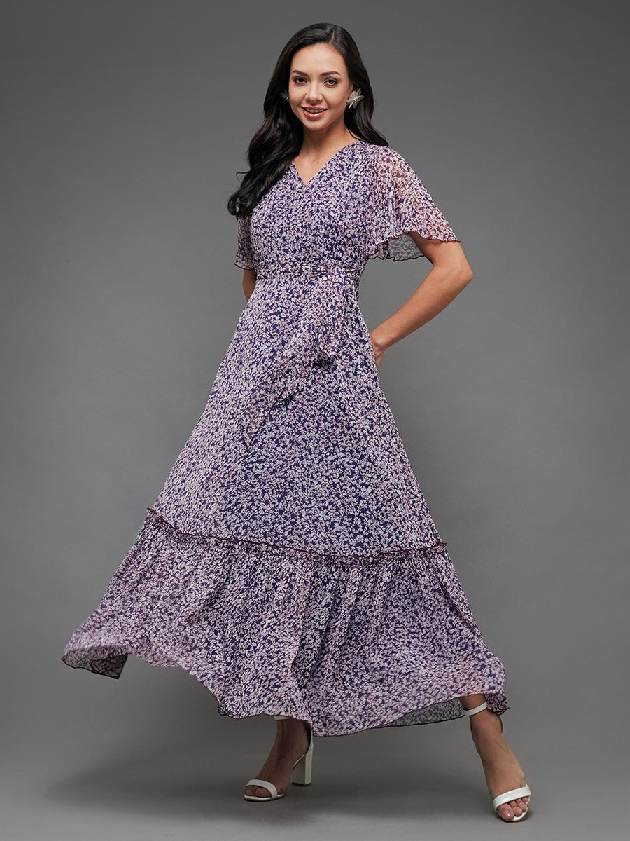 Floral Print Ruffled Hem A-Line Maxi Dress