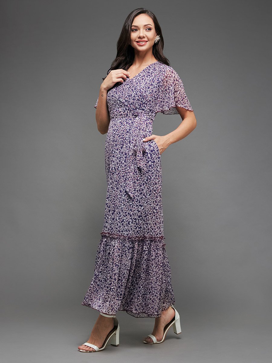 Floral Print Ruffled Hem A-Line Maxi Dress