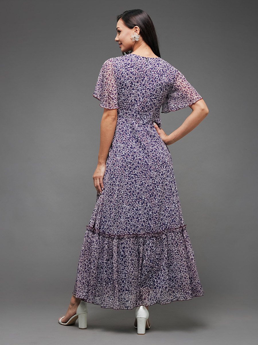 Floral Print Ruffled Hem A-Line Maxi Dress