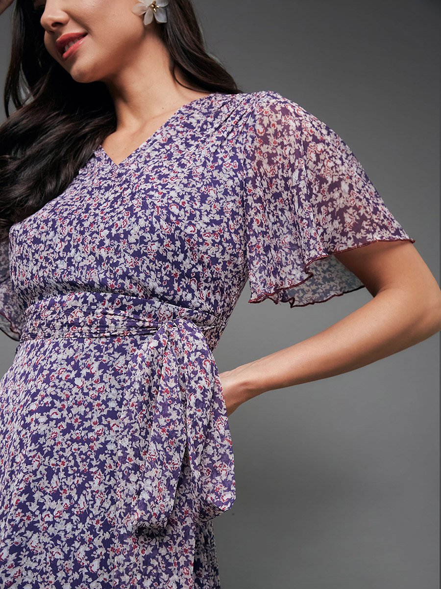 Floral Print Ruffled Hem A-Line Maxi Dress