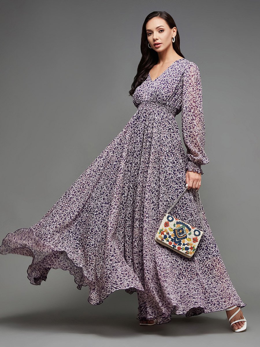 Floral Print Balloon Sleeve A-Line Maxi Dress