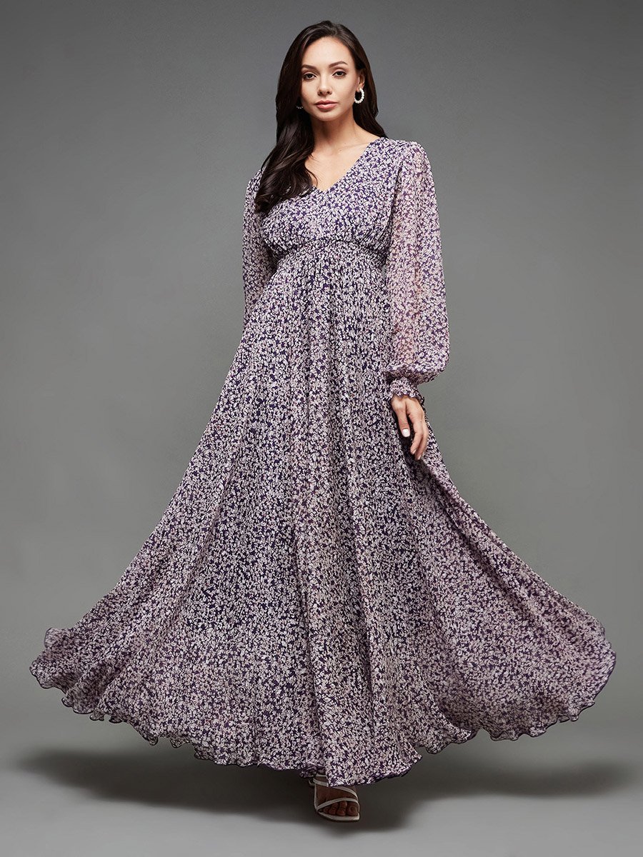 Floral Print Balloon Sleeve A-Line Maxi Dress