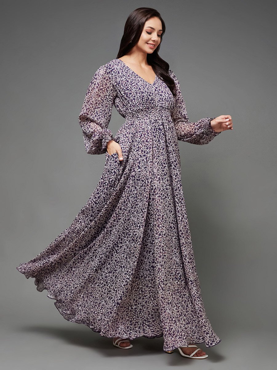 Floral Print Balloon Sleeve A-Line Maxi Dress