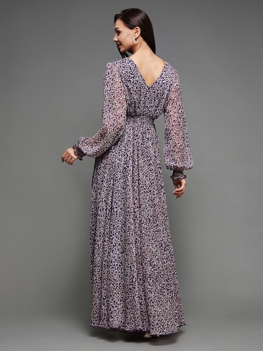 Floral Print Balloon Sleeve A-Line Maxi Dress