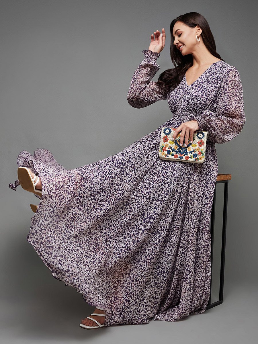 Floral Print Balloon Sleeve A-Line Maxi Dress