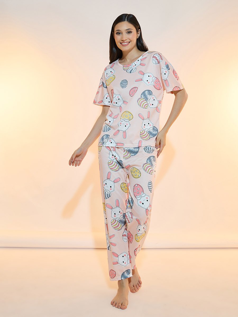 Rabbit Print T-Shirt and Straight Pyjama Set