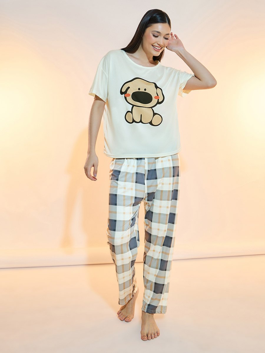 Puppy Print T-Shirt and Checked Pyjama Set