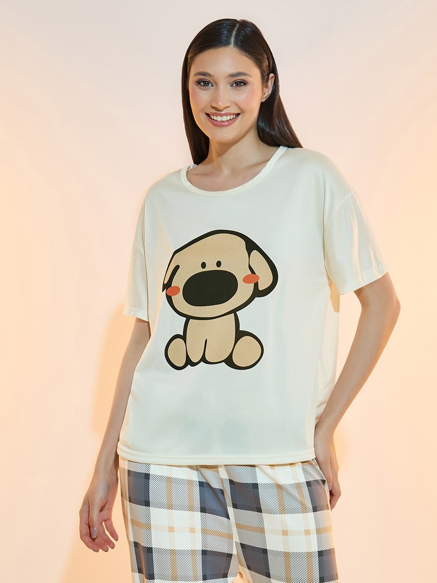Puppy Print T-Shirt and Checked Pyjama Set