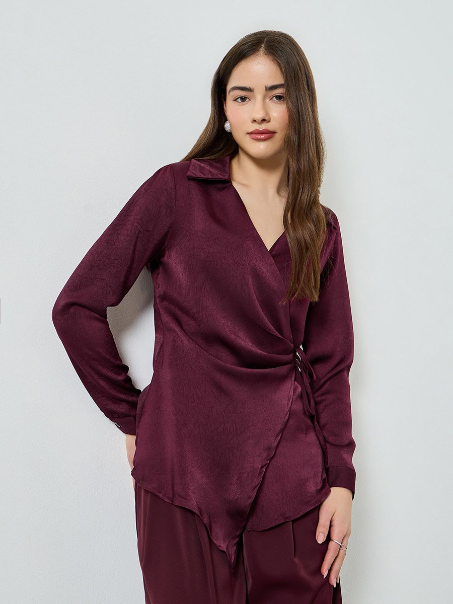 Satin Tie-Up Waist Wrap Longline Top