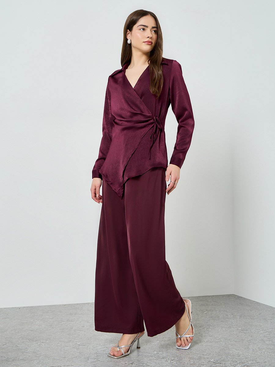 Satin Tie-Up Waist Wrap Longline Top