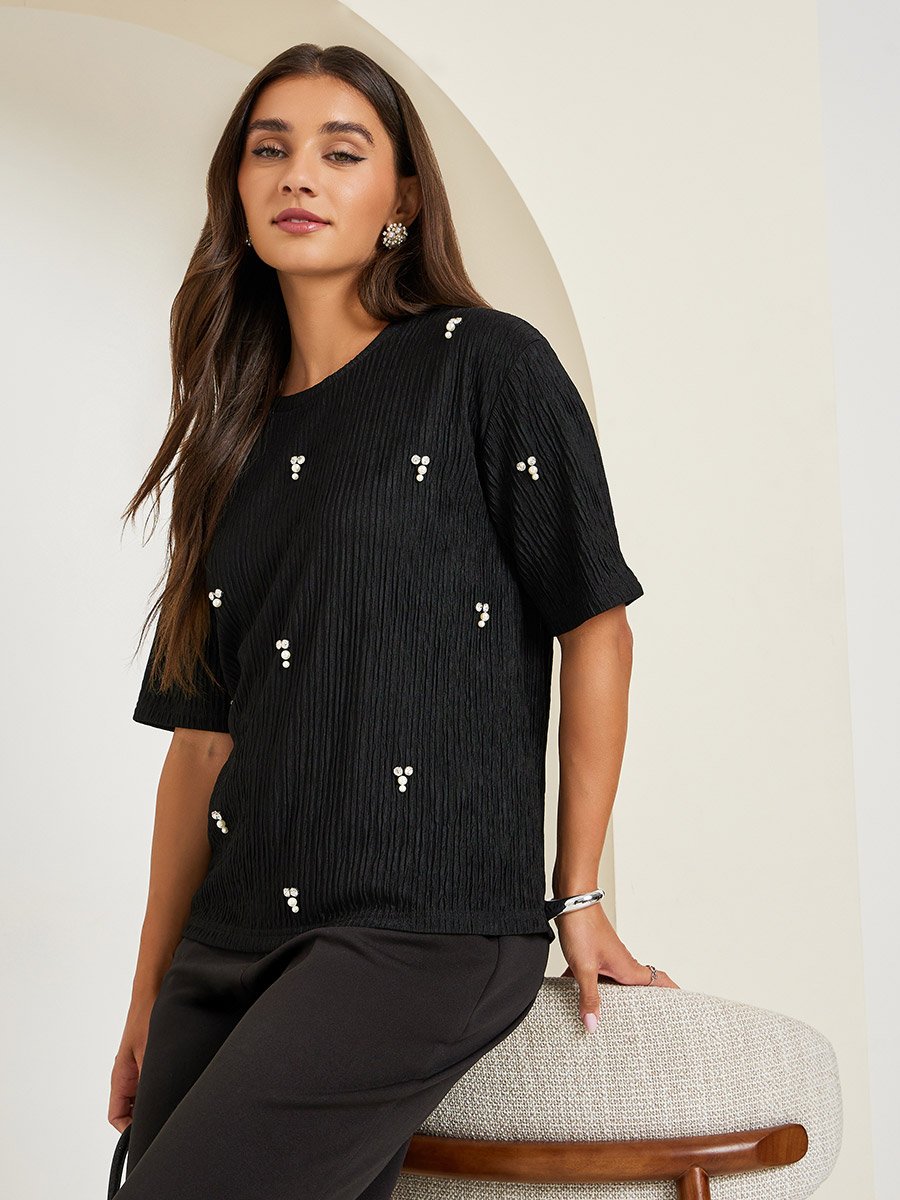 Black Textured Embellished Knit Top