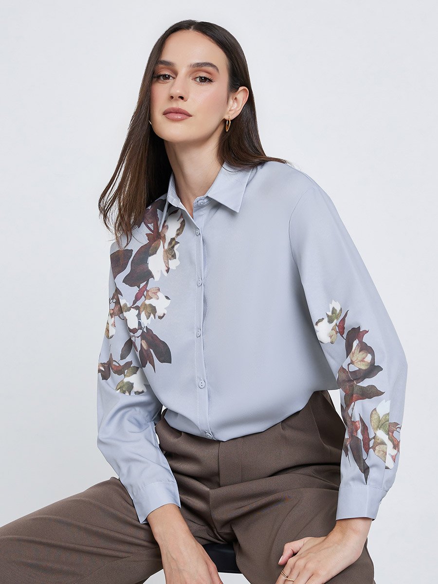 Women Grey Floral Print Regular Fit Shirt