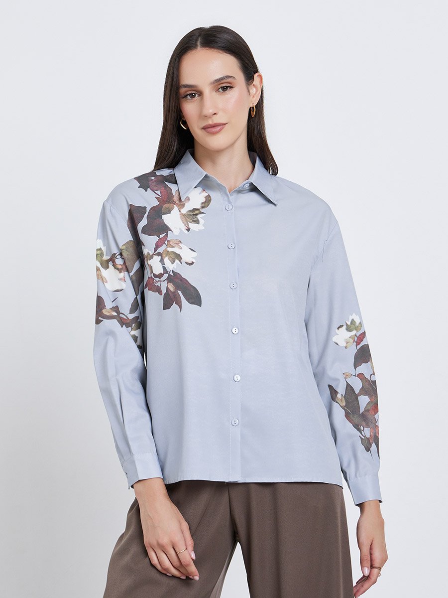 Women Grey Floral Print Regular Fit Shirt