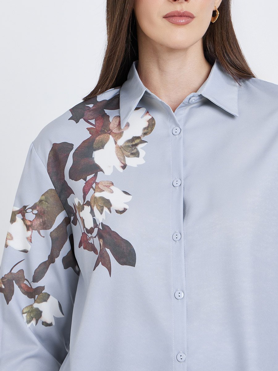 Women Grey Floral Print Regular Fit Shirt