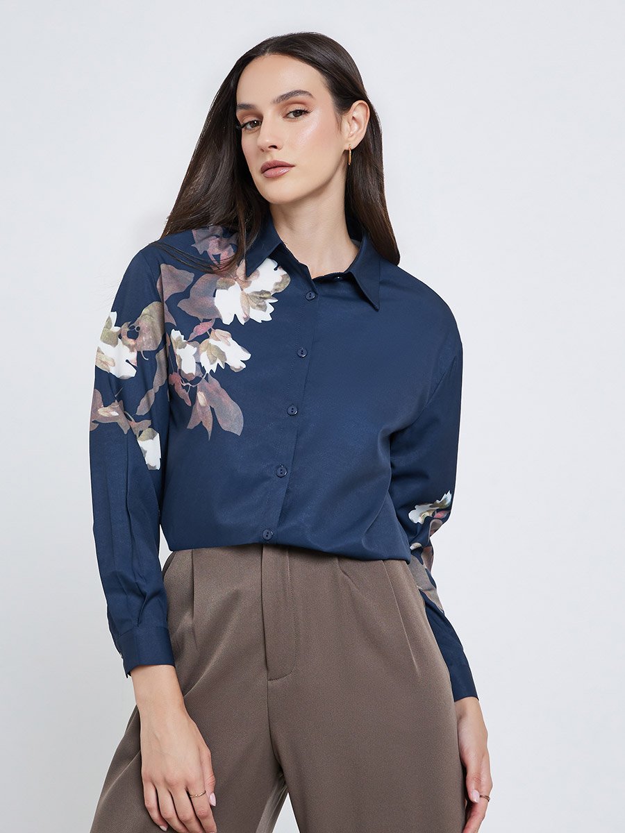 Women Navy Blue Floral Print Regular Fit Shirt