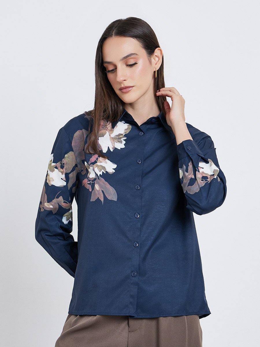 Women Navy Blue Floral Print Regular Fit Shirt