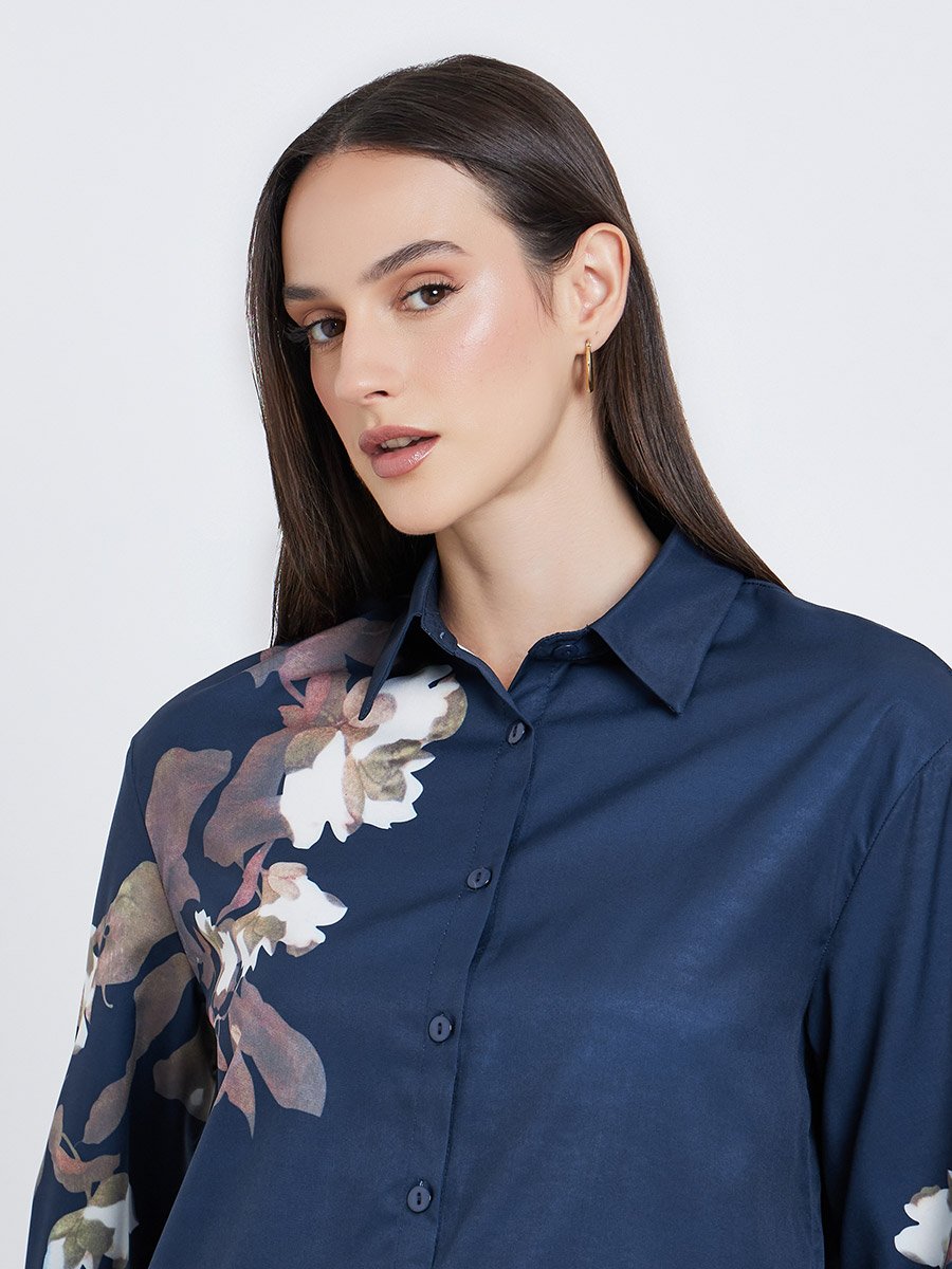 Women Navy Blue Floral Print Regular Fit Shirt