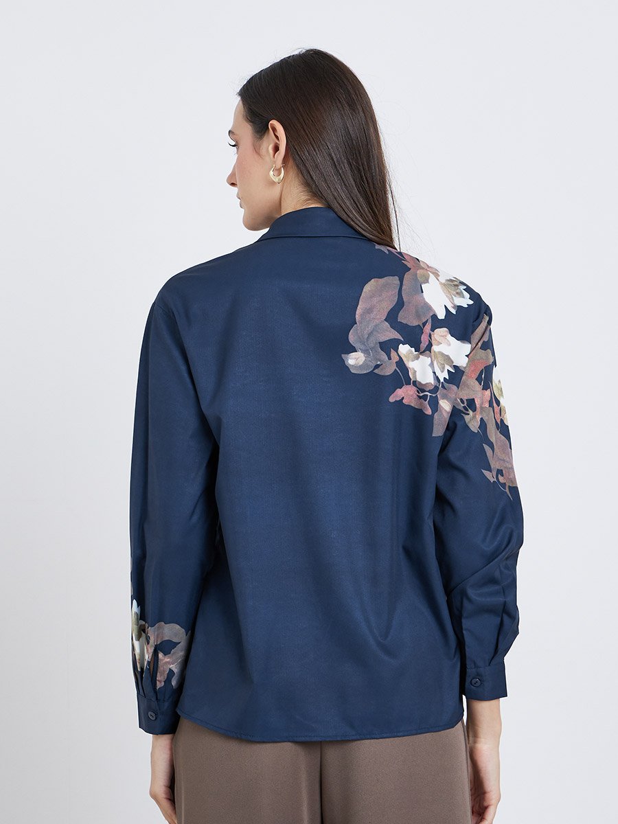 Women Navy Blue Floral Print Regular Fit Shirt