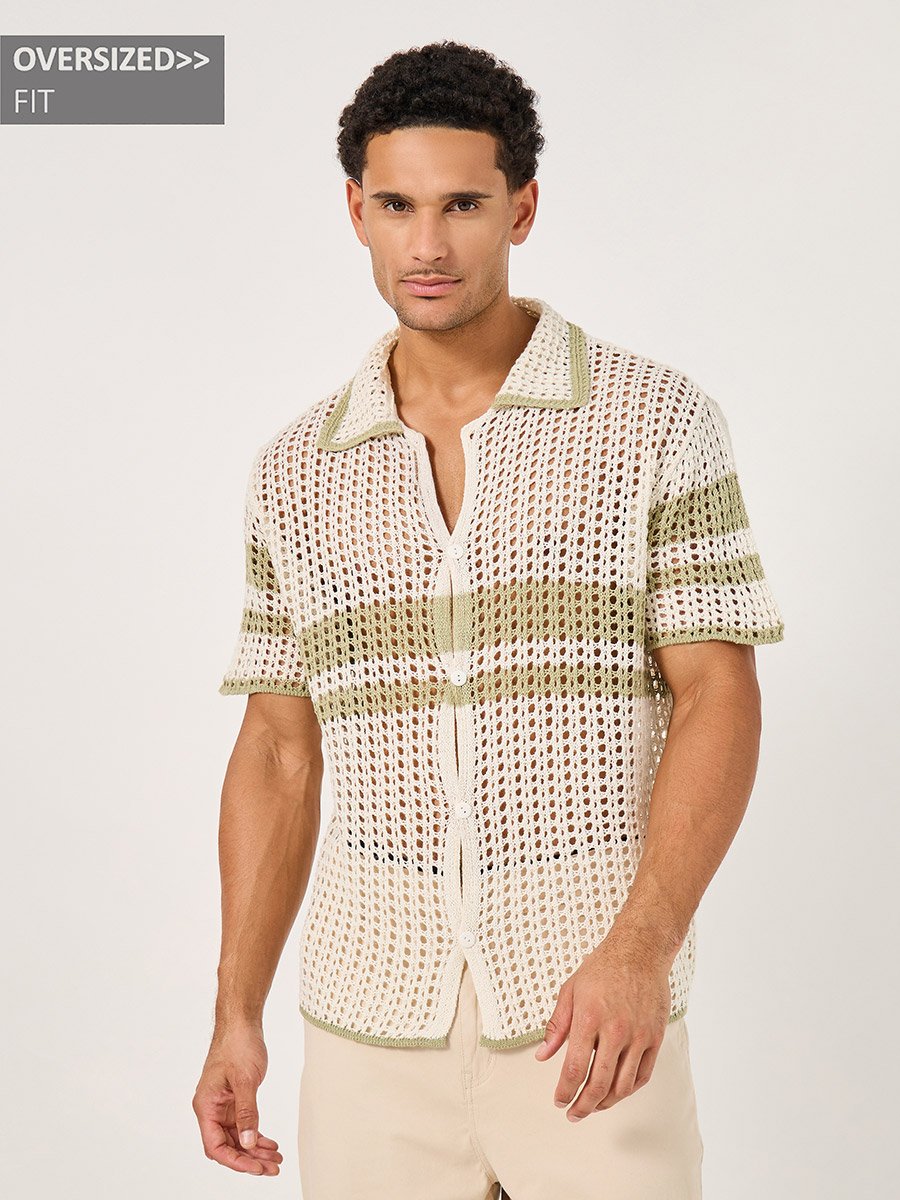 Striped Open Crochet Knit Oversized Shirt For Men at UAE | Styli