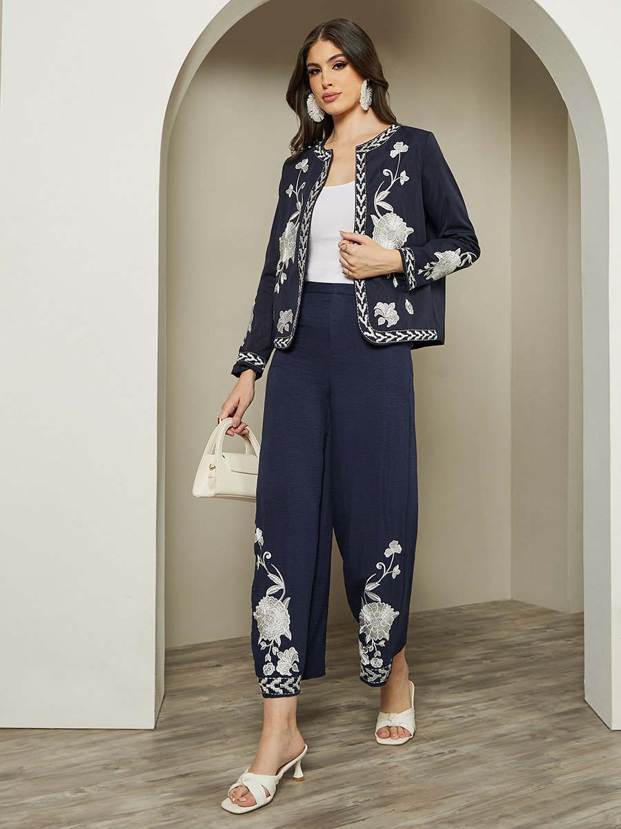 Embroidered Hem Mid Rise Ankle Wide Leg Pants