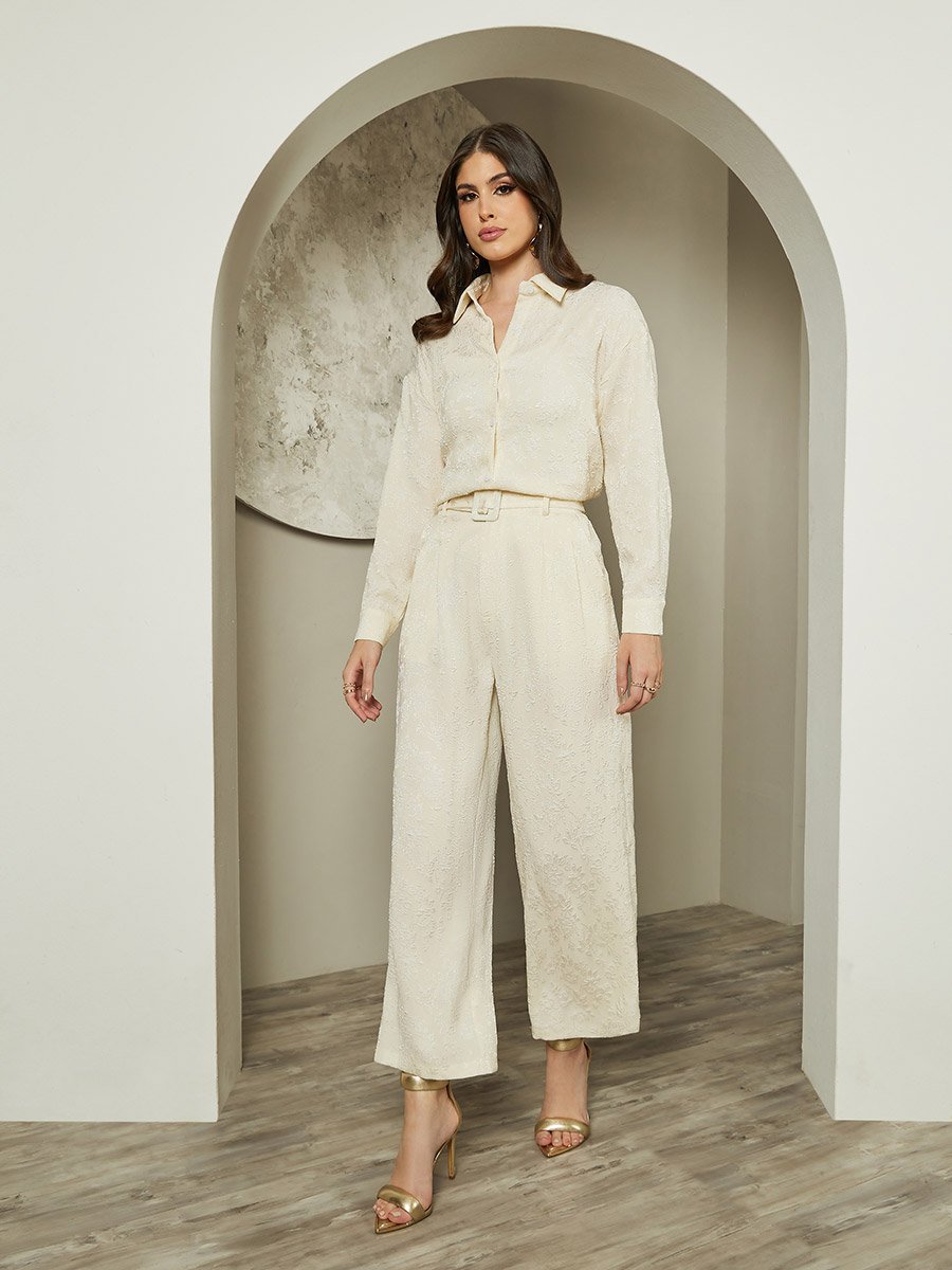 Women Wide Leg Jacquard Pattern Belted Pants