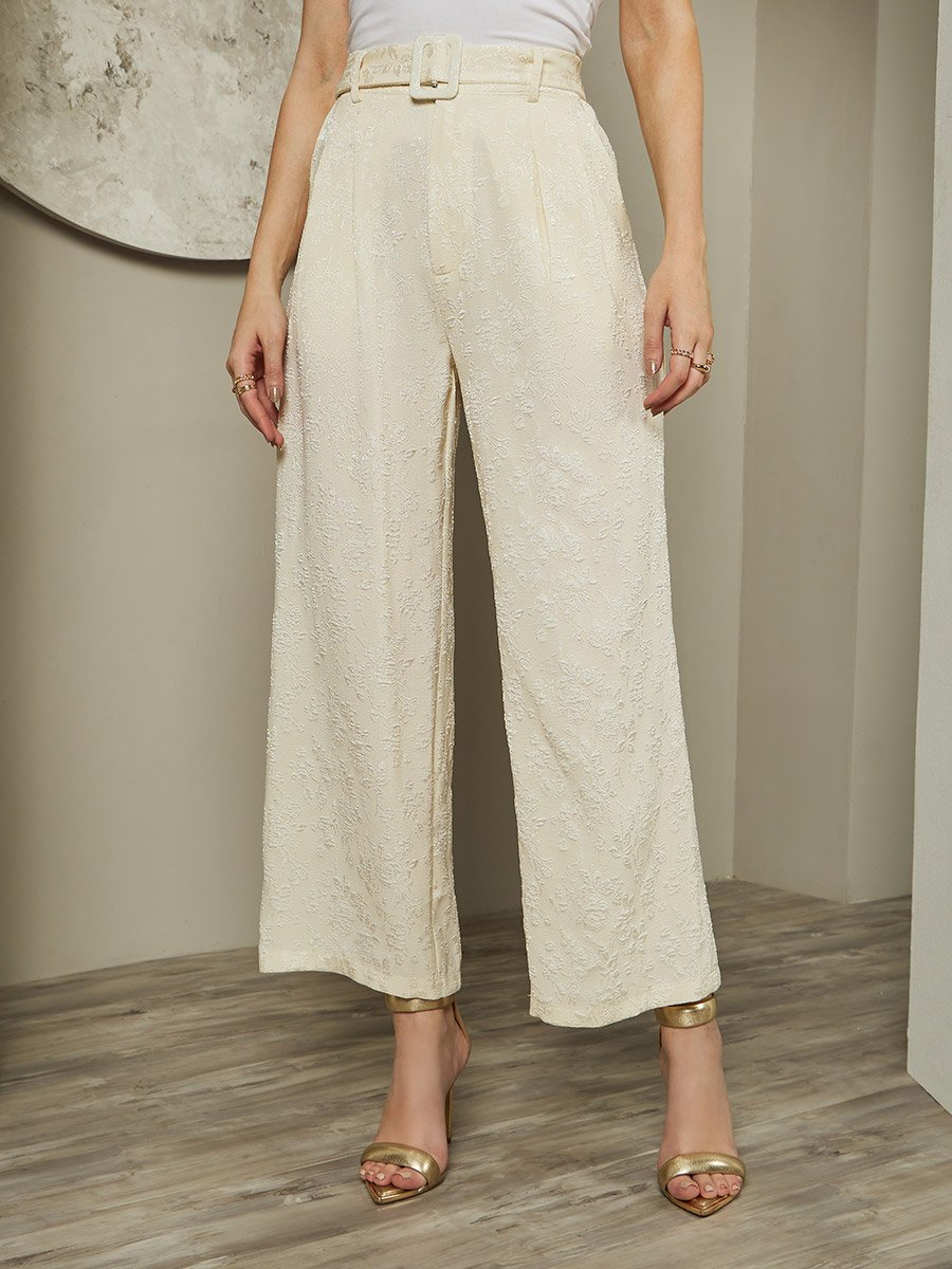 Women Wide Leg Jacquard Pattern Belted Pants